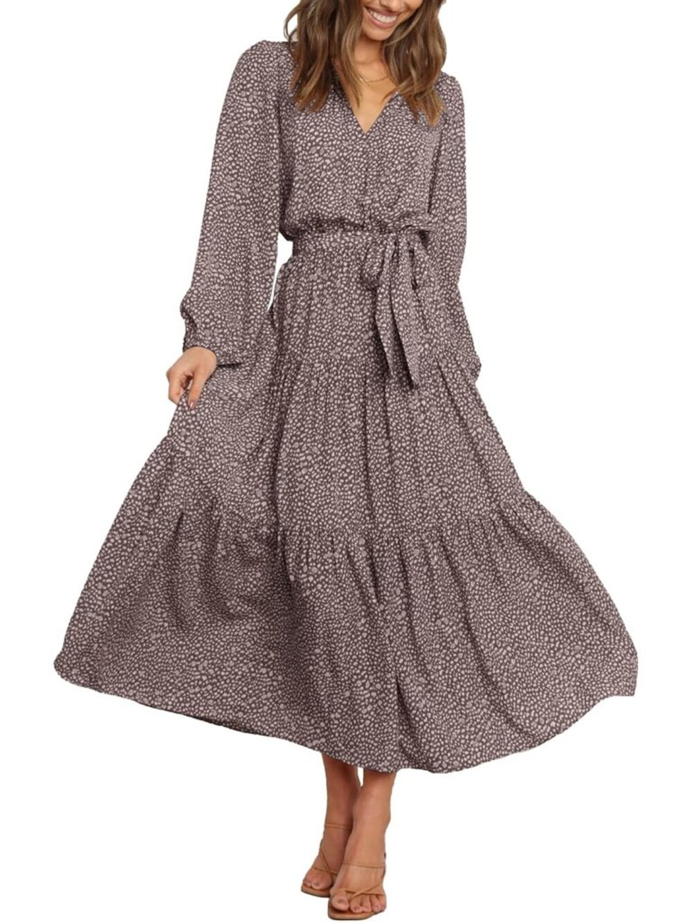 Women's Brown Long Sleeve Casual Boho Floral Wrap Wedding Guest Maxi Dresses